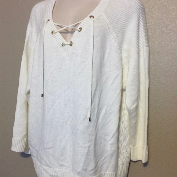 NWT Calvin Klein Women's White Laced-Up Grommet Mix Sweater Plus Size 1X - Picture 3 of 13